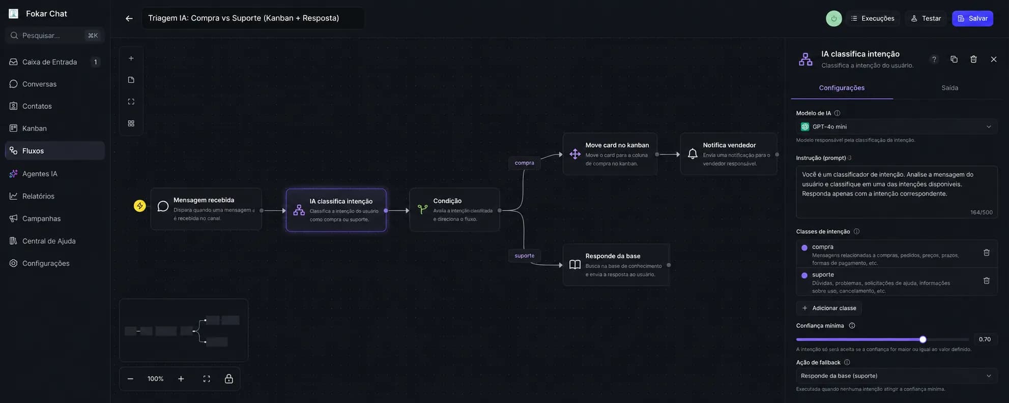 Editor visual de automações com nós conectados